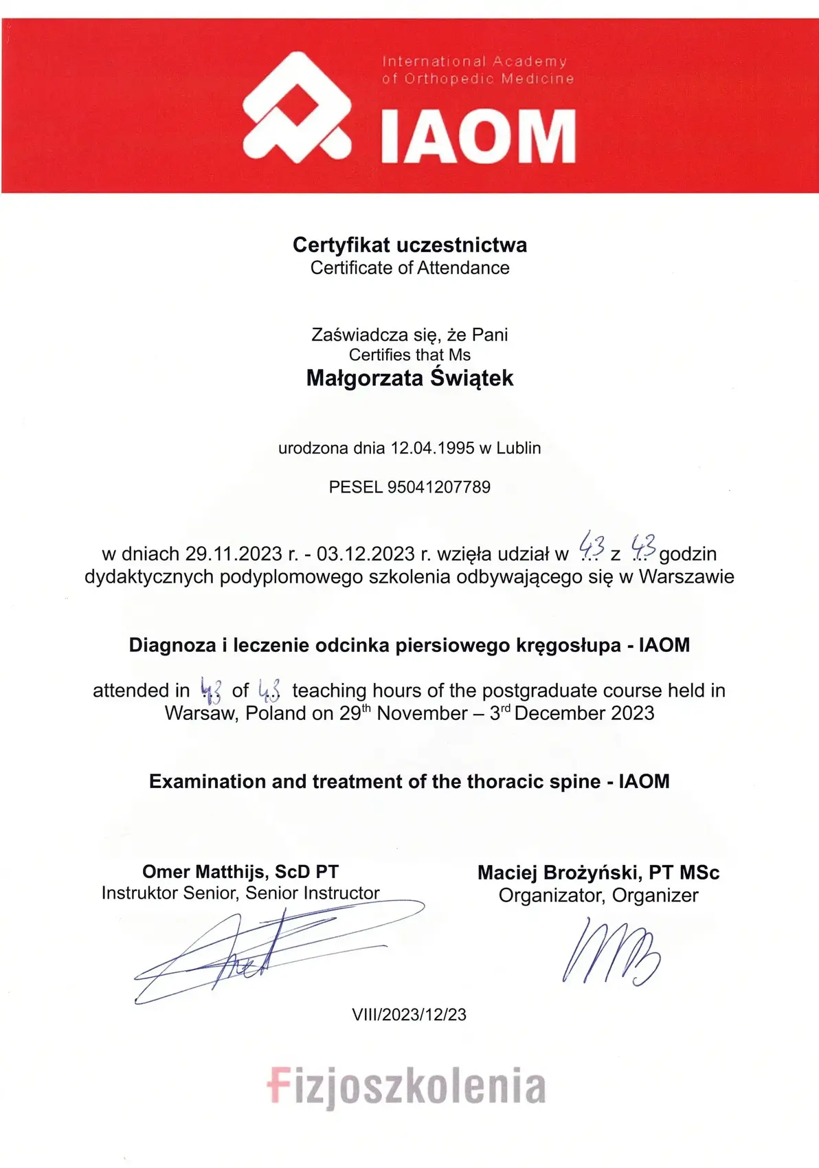 Dyplom lub certyfikat 16